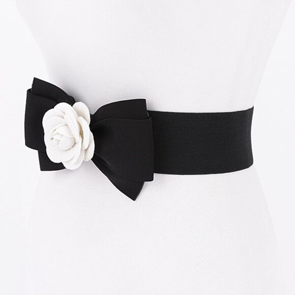BNWT Camellia Rose Bow Designer Look Elastic Stretch Fashion Belt - Picture 2 of 4
